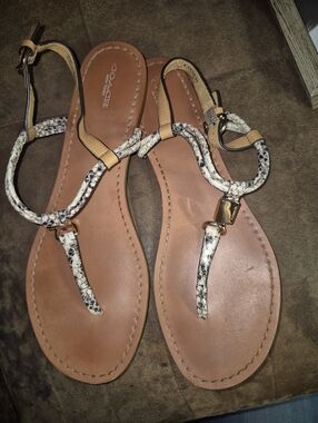 Coach Tan Leather T-Strap Sandals with Snake-Print Straps